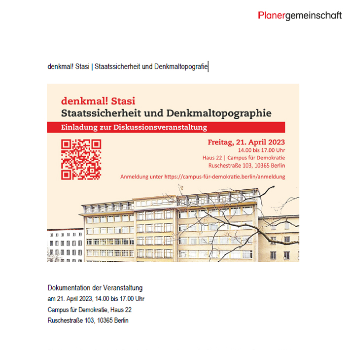 Read more about the article Dokumentation: denkmal! Stasi. Staatssicherheit und Denkmaltopografie